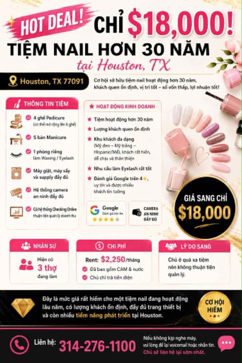 Sang Tiệm Nails Houston, Texas - Giá Sang Tốt